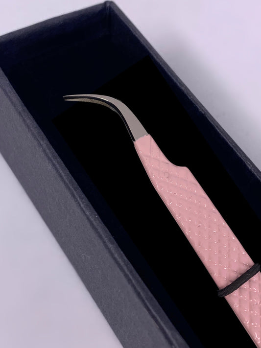 Pink Curved Tip Tweezer - Gold Tip
